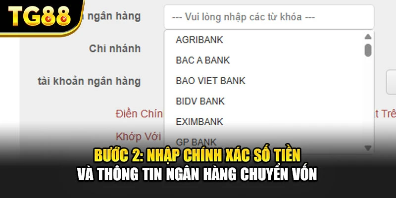 Bước 2: Nhập chính xác số tiền và thông tin ngân hàng chuyển vốn